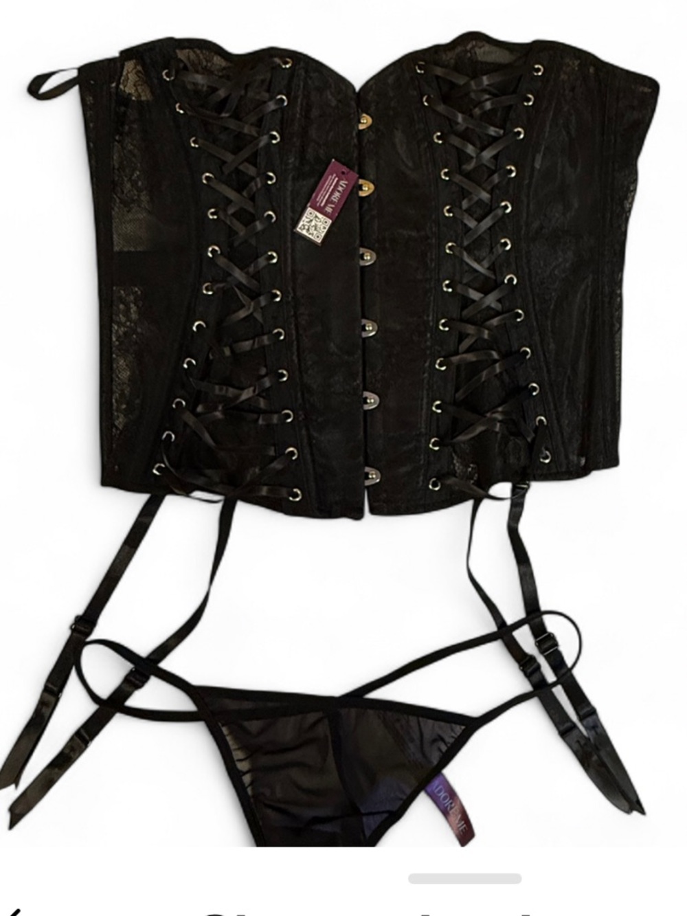 Adore Me Black Lace Corset Bustier with Matching Thong Sz L